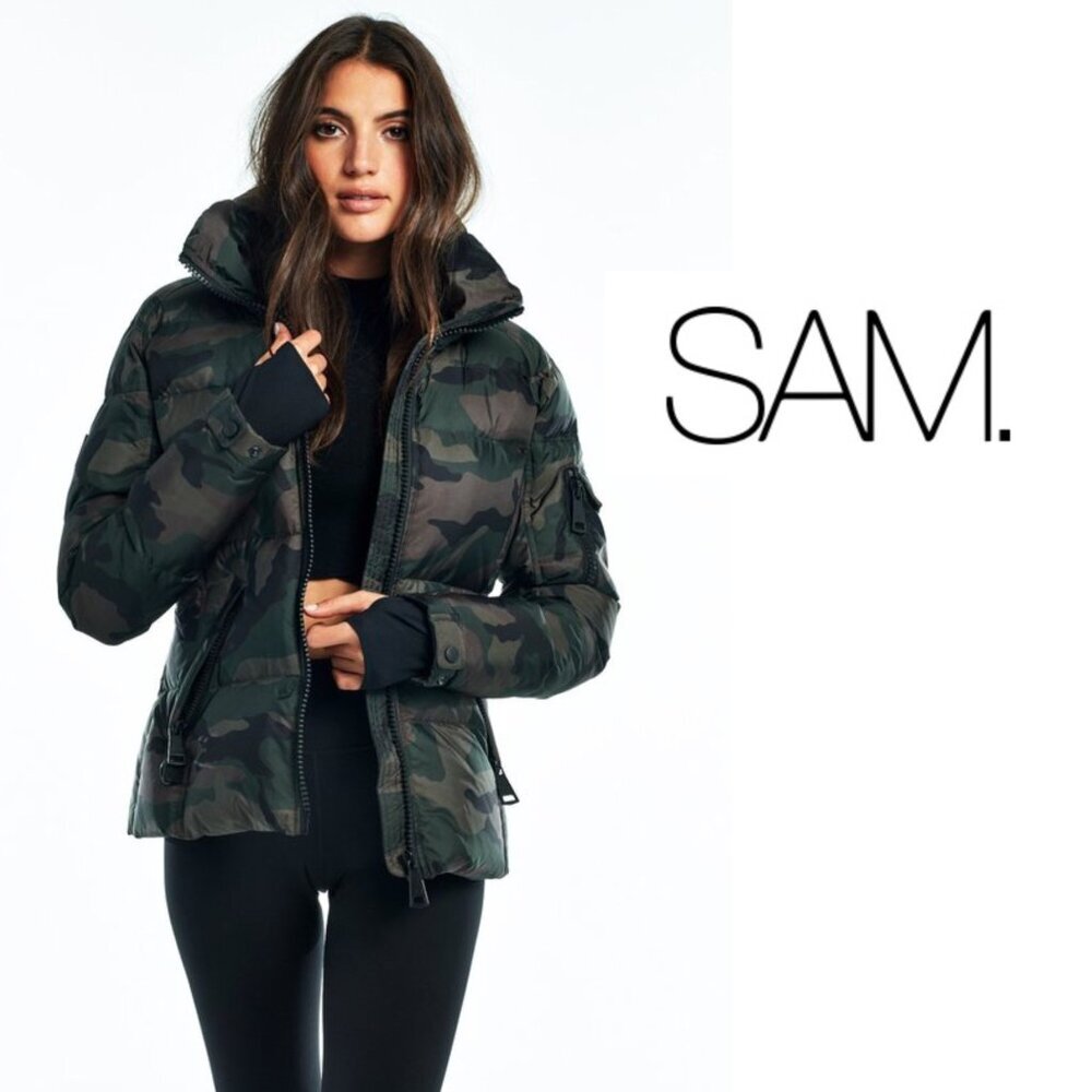 SAM. Medium Camo Jacket Puffer Down Bomber Freestyle Zip Quilted Green Brown Tan - Picture 4 of 16
